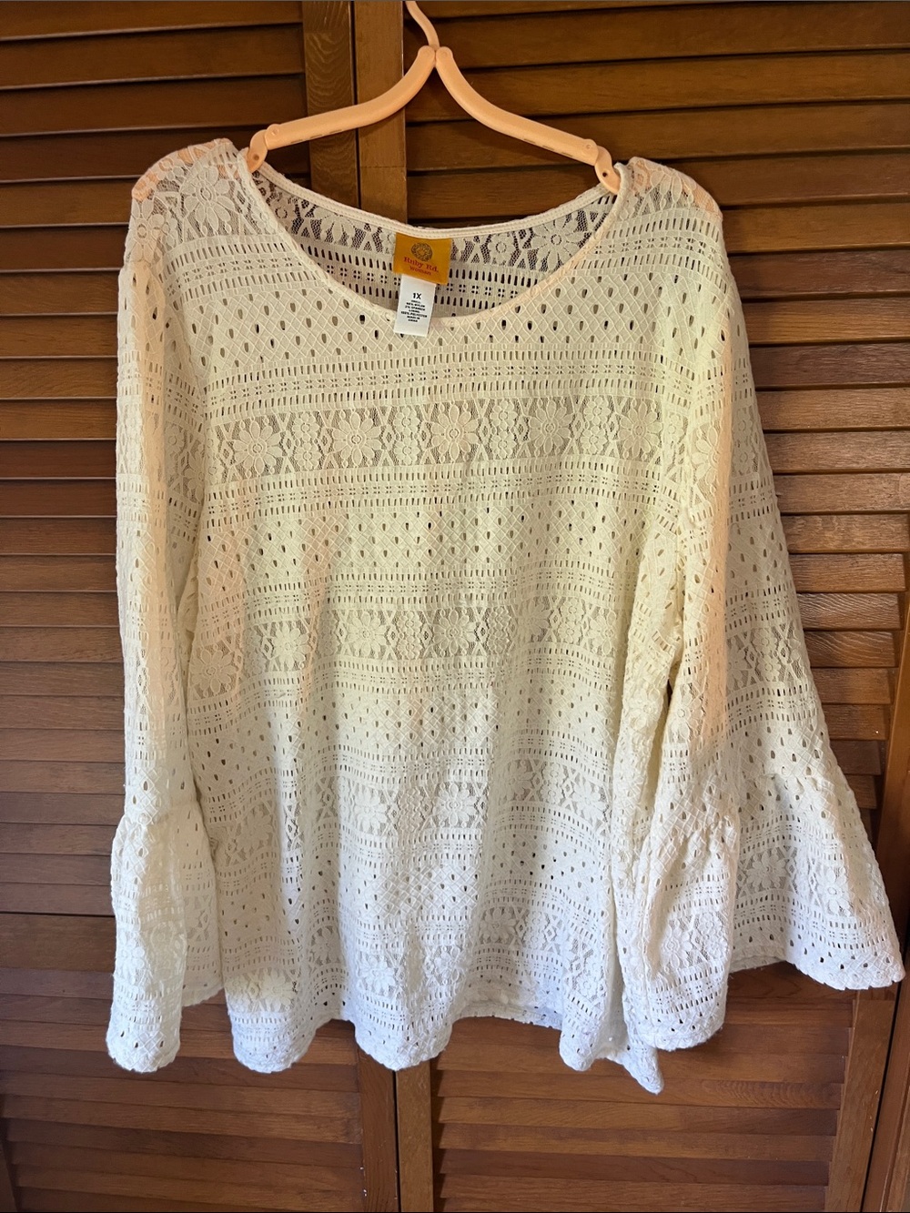 Ruby Rd. Ladies Cream Crochet Bell Sleeve Top Size 1X